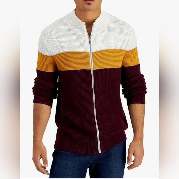 I.N.C Cotton Colorblock Full Zip Waffle Knit Lightweight Sweater Size Large - Picture 1 of 14
